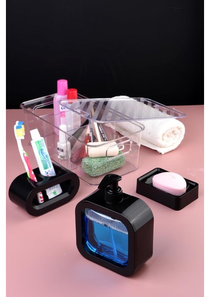 Tasarım 4 Parça Aksesuar Seti Modern Hafif Lüks Yıkama Kabı Aksesuarları Seti Losyon Şişeleri, Diş Fırçası Tutacağı, Diş Kupası, Sabunluk Siyah