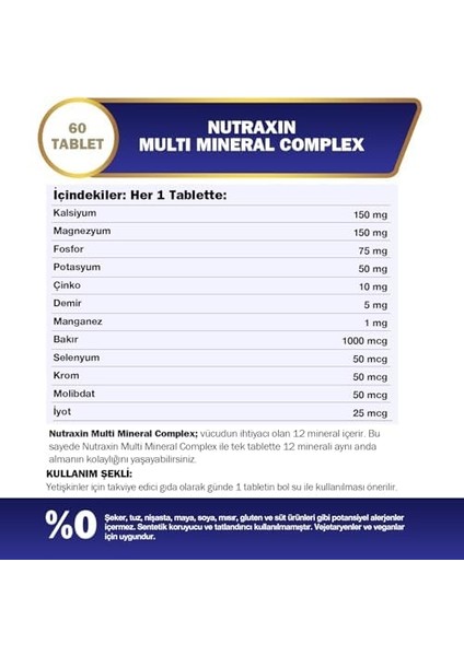 Nutraxin Multi Mineral Complex | 12 Mineral Içeren Takviye | Vegan | 60 Tablet | Kalsiyum, Magnezyum, Çinko, Demir ve Daha Fazlası fiyatları