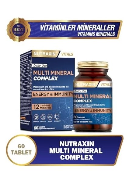 Nutraxin Multi Mineral Complex | 12 Mineral Içeren Takviye | Vegan | 60 Tablet | Kalsiyum, Magnezyum, Çinko, Demir ve Daha Fazlası modelleri