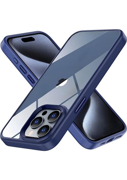 15 Pro Max Için Serisi Arkası Şeffaf Polikarbonat Kenarları Silikon Kamera Lens Çerçevesi ve Tuşları Metal Yüksek Kalite Şeffaf Silikon Kılıf (Mavi, Klasik)