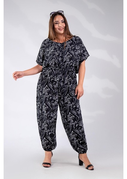 Kadın Büyük Beden Beli Lastikli Desenli Tulum Siyah