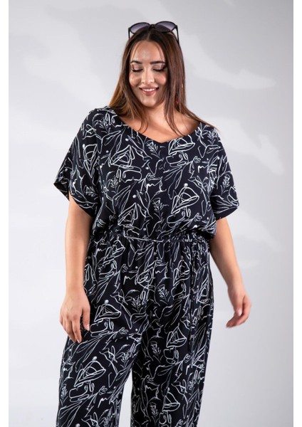 Kadın Büyük Beden Beli Lastikli Desenli Tulum Siyah fiyatları
