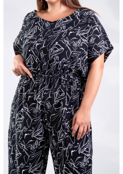 Kadın Büyük Beden Beli Lastikli Desenli Tulum Siyah modelleri