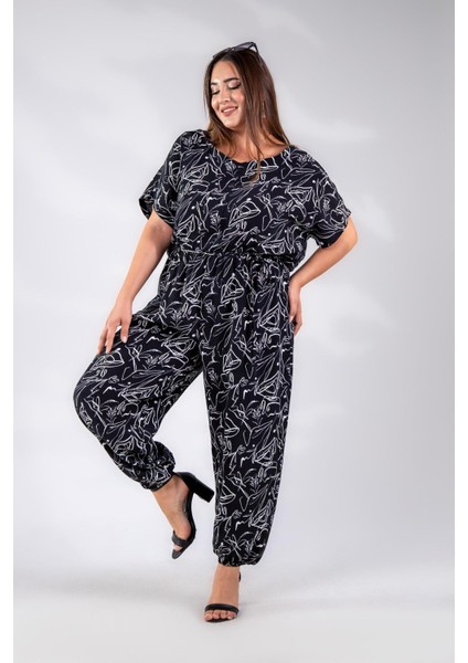 Kadın Büyük Beden Beli Lastikli Desenli Tulum Siyah fırsatları