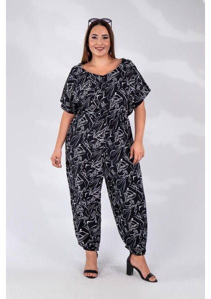 Kadın Büyük Beden Beli Lastikli Desenli Tulum Siyah indirimleri