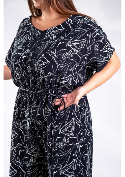 Kadın Büyük Beden Beli Lastikli Desenli Tulum Siyah