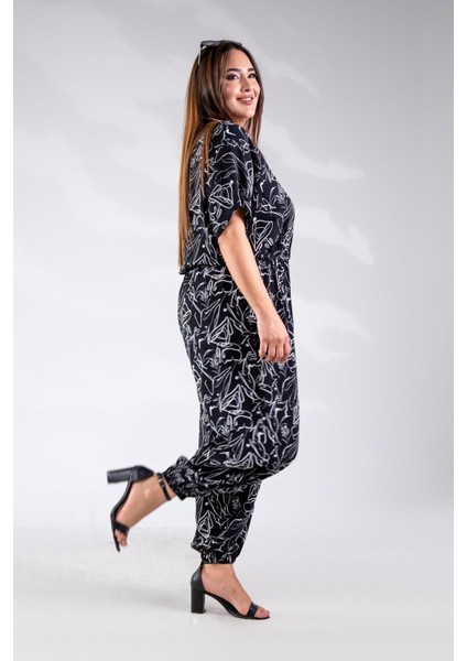 Kadın Büyük Beden Beli Lastikli Desenli Tulum Siyah