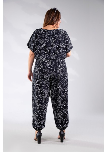 Kadın Büyük Beden Beli Lastikli Desenli Tulum Siyah