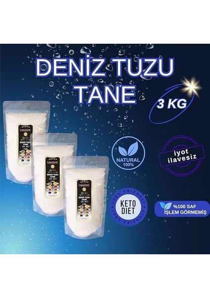 Hanzade Bitkisel Saf Deniz Tuzu Tane Granül Iyot Ilavesiz 1 kg x 3 Adet