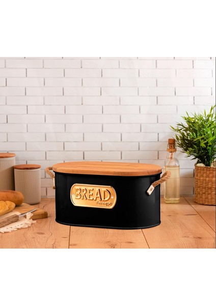 Galvaniz Kesme Tahtalı Ekmeklik, Ahşap Kapaklı Lüx Metal Ekmek Kutusu Siyah