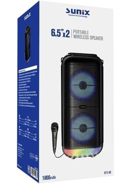 1800 Mah 6,5"x2 Mikrofonlu LED Işıklı Hoparlör Bts-95