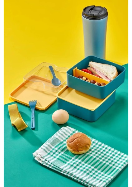 Katlı Yeşil Kare Mikrodalga Uyumlu Yemek Saklama Kabı Beslenme Kutusu Sporcu Öğrenci Okul Işyeri Sefer Tası