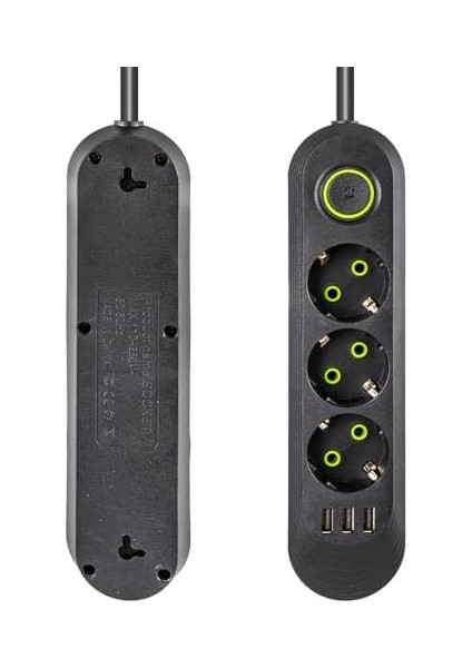 Akım Korumalı Priz, 3lü Siyah Topraklı Anahtarlı, Üçlü Priz, 3 Priz ve 3 USB Çıkışı, 1.5 Metre Kablo Uzunluğu, Max 3000 Watt fiyatları