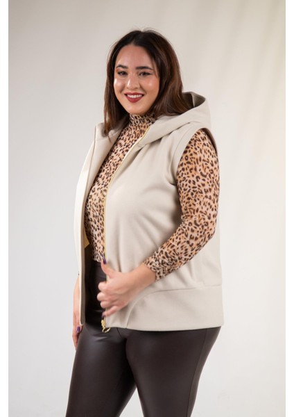Kadın Büyük Beden Kaşe Bej Yelek