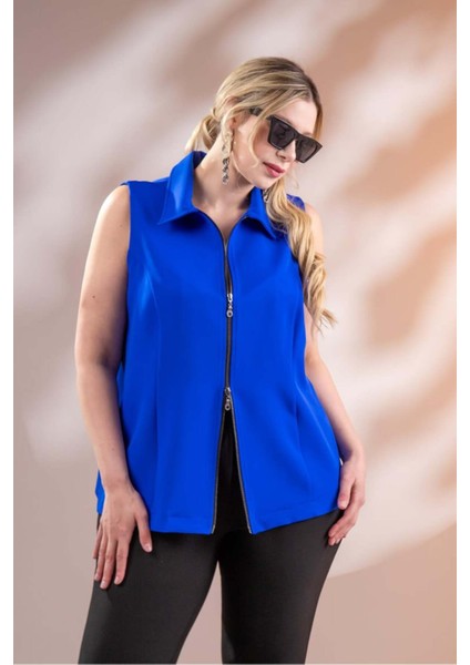 Kadın Büyük Beden Fermuarlı Kolsuz Saks Yelek