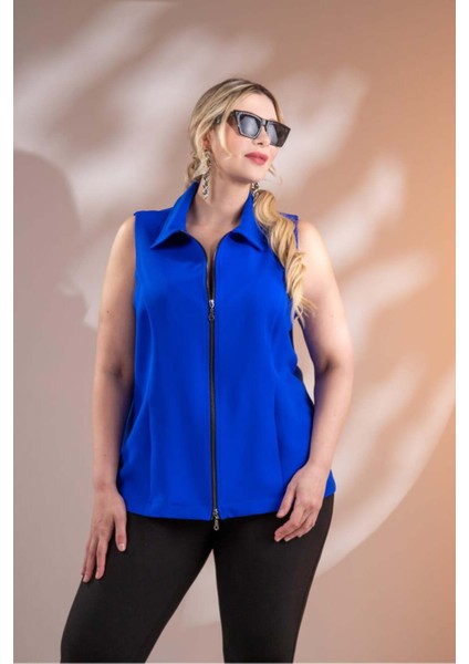 Kadın Büyük Beden Fermuarlı Kolsuz Saks Yelek fiyatları