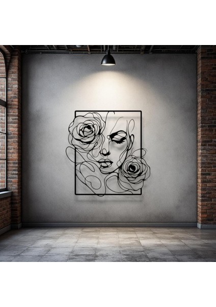 Gül Detaylı Kadın Silüeti Metal Duvar Dekoru – Modern Çizgi Sanatı