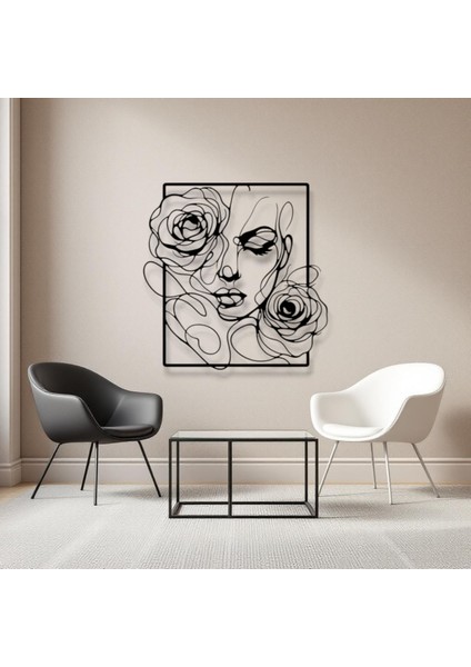Gül Detaylı Kadın Silüeti Metal Duvar Dekoru – Modern Çizgi Sanatı