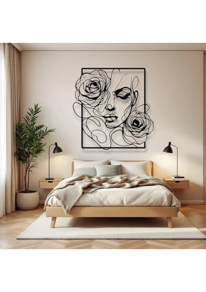 Gül Detaylı Kadın Silüeti Metal Duvar Dekoru – Modern Çizgi Sanatı