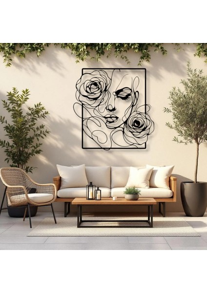 Gül Detaylı Kadın Silüeti Metal Duvar Dekoru – Modern Çizgi Sanatı