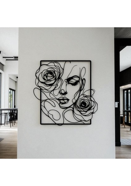 Gül Detaylı Kadın Silüeti Metal Duvar Dekoru – Modern Çizgi Sanatı
