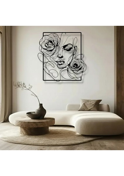 Gül Detaylı Kadın Silüeti Metal Duvar Dekoru – Modern Çizgi Sanatı