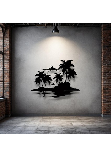 Tropikal Ada ve Gün Batımı Metal Duvar Dekoru – Modern Minimalist Sanat Tasarımı