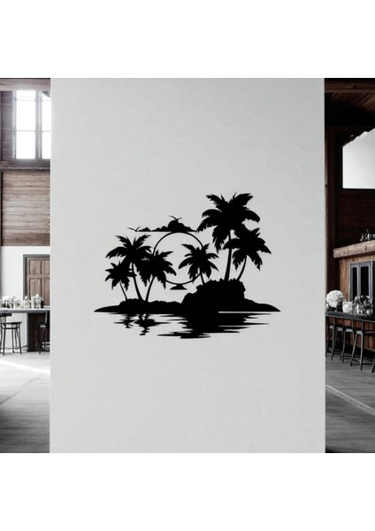 Tropikal Ada ve Gün Batımı Metal Duvar Dekoru – Modern Minimalist Sanat Tasarımı fırsatları