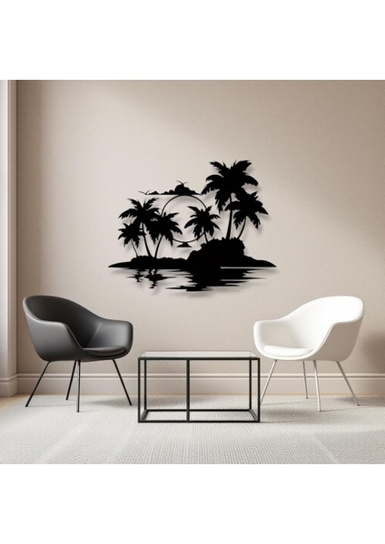Tropikal Ada ve Gün Batımı Metal Duvar Dekoru – Modern Minimalist Sanat Tasarımı
