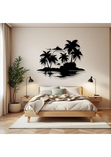 Tropikal Ada ve Gün Batımı Metal Duvar Dekoru – Modern Minimalist Sanat Tasarımı