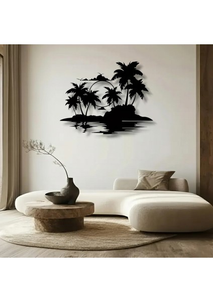 Tropikal Ada ve Gün Batımı Metal Duvar Dekoru – Modern Minimalist Sanat Tasarımı
