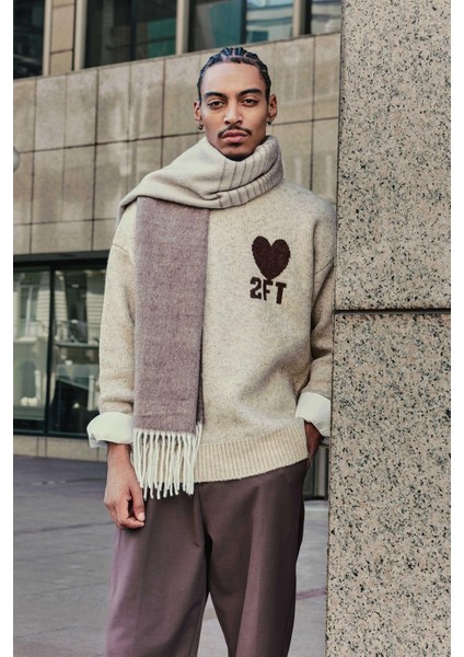 Erkek Desenli Oversize Triko Kazak Bej