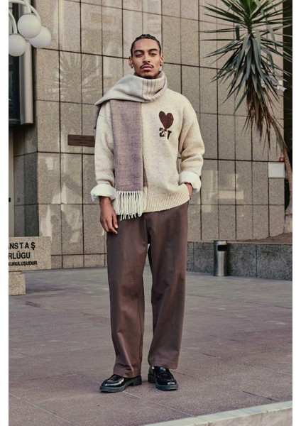 Erkek Desenli Oversize Triko Kazak Bej fiyatları