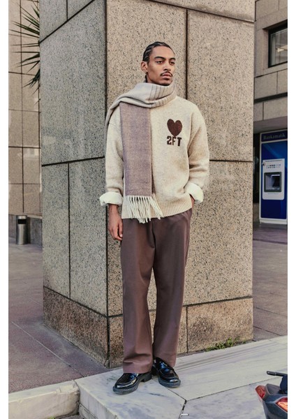 Erkek Desenli Oversize Triko Kazak Bej modelleri