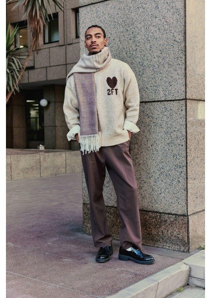 Erkek Desenli Oversize Triko Kazak Bej indirimleri