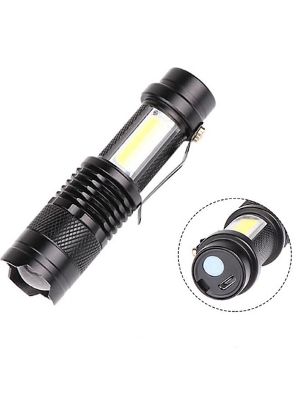 Mini Taktik El | 500 Lümen Zoomlu LED + Yan Cob Işık | 500 Mah USB Şarjlı, 3 Modlu, Gövde | Kompakt, Dayanıklı Kamp ve Acil Işığı
