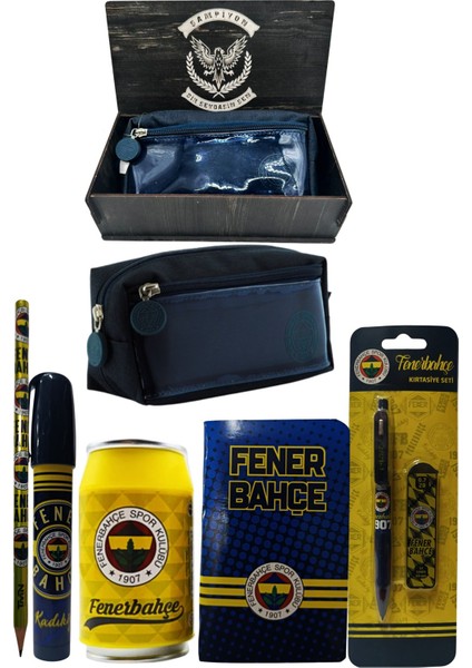 Fenerbahçe Orjinal Lisanslı Sarı Kutu Kalemtraş Ahşap Kutulu 6'lı Kırtasiye Seti