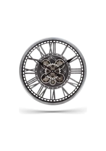 Mark Premium Serisi Eskitme Şeffaf Kadranlı Döner Çarklı 50 Santimetre Ev ve Ofis Duvar Saati, Roma Rakamlı, Gri fiyatları