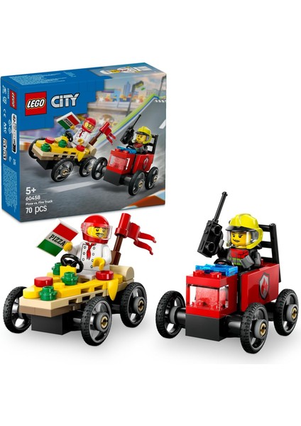 City Pizza Arabası Itfaiye Kamyonuna Karşı Yarış Arabası Paketi 60458-5 Yaş ve Üzeri Çocuklar Için Yaratıcı Oyuncak Yapım Seti, Doğum Günü Hediyesi (70 Parça)