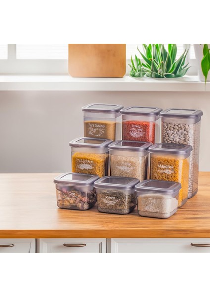 433-GR-3 9 Lu Kare Etiketli Gıda Erzak Saklama Kabı Seti 3x(0.60+1.30+1.90) Lt Gri