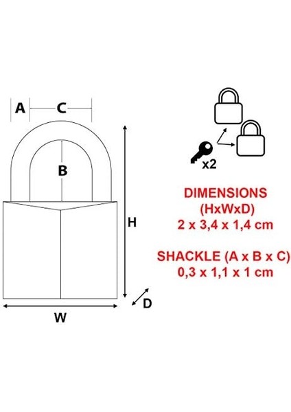 9120EURTCC 2 Adet Masif Yapılan Anahtarlı Asma Kilit Seti, Gri, 2 x 3,4 x 1,4 cm modelleri