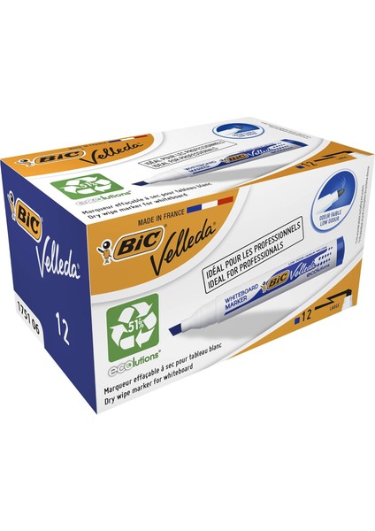 Velleda 1751 Eco Kesik Uçlu Beyaz Tahta, Mavi, 12'li Kutu, 3,7 mm ile 5,5 mm Kalın Uç,kuru Silinebilir Mürekkep