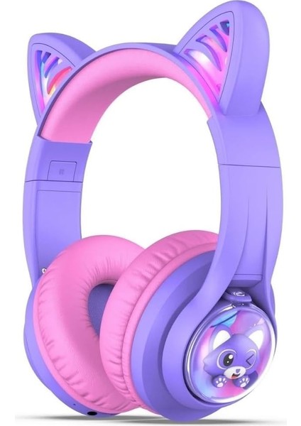Kedi Kulaklı LED Işıklı Güvenli Ses Sınırlı 45 Saat Oynatma Süreli Bluetooth Çocuk Kulaklığı Mor