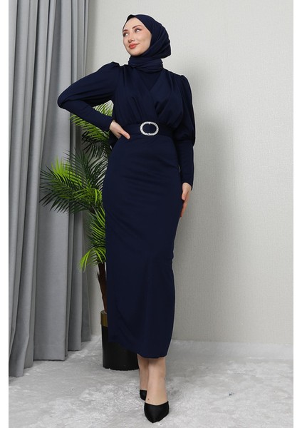 Yakası Çapraz Elbise Lacivert indirimleri