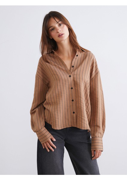 Yeni Sezon Çizgili Poplin Kadın Gömlek