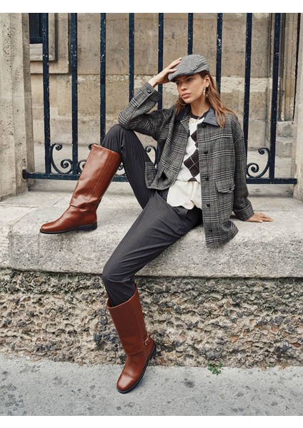 Yeni Sezon Gömlek Yaka Ekose Oversize Kadın Kaşe Ceket