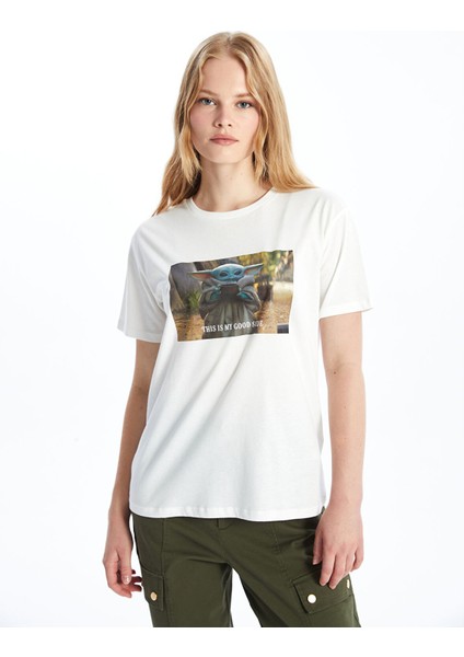 Yeni Sezon Bisiklet Yaka Baskılı Kısa Kollu Kadın Tişört