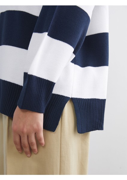 Yeni Sezon Bisiklet Yaka Çizgili Oversize Kadın Triko Kazak modelleri