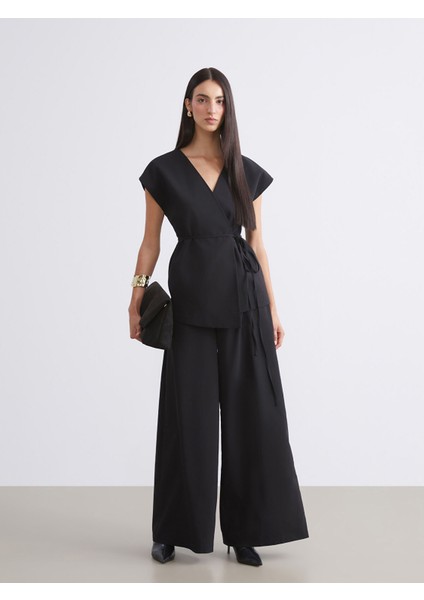 Yeni Sezon Beli Fermuarlı Geniş Paça Kadın Pantolon