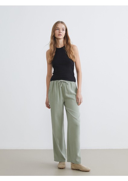 Yeni Sezon Beli Lastikli Geniş Paça Kadın Pantolon